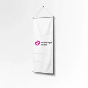 Kakémono textile personnalisé suspendu avec baguettes et cordon