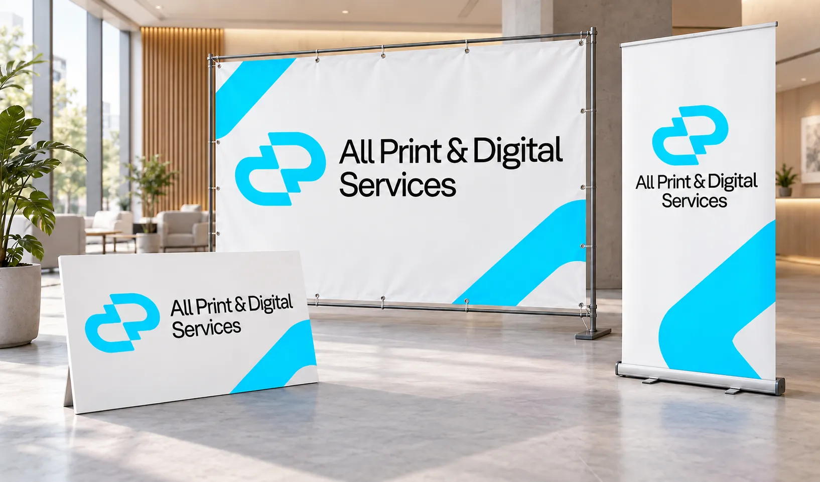 Bâche, roll-up et panneau rigide personnalisés All Print dans un espace d’exposition