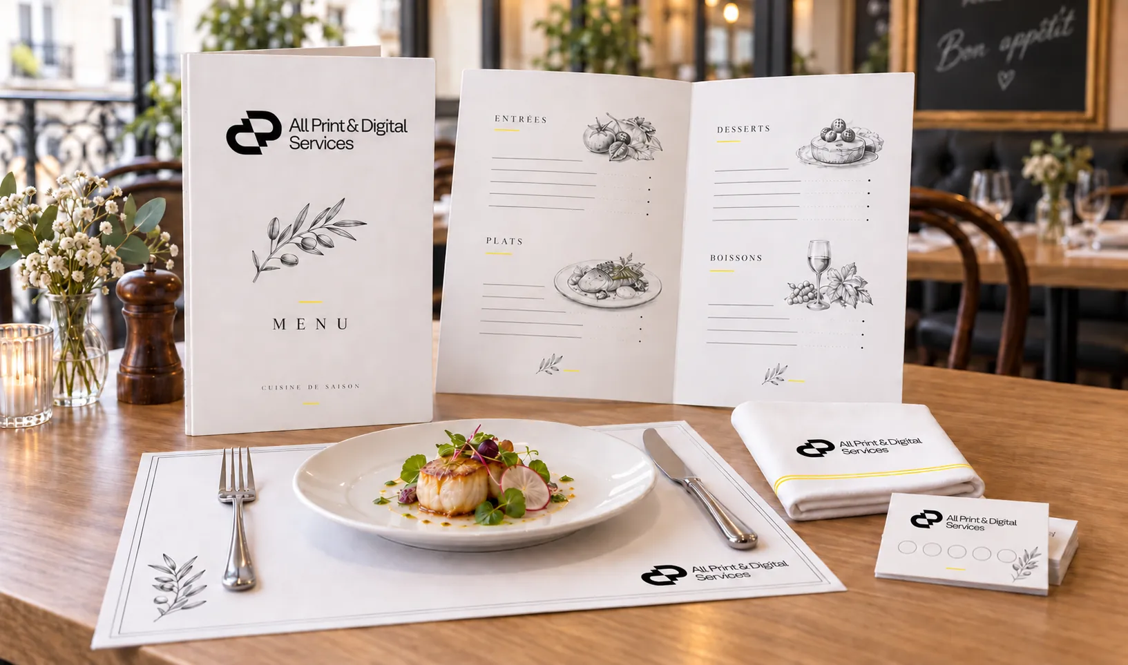 Menus, set de table, serviette et cartes de fidélité personnalisés, en situation dans un restaurant